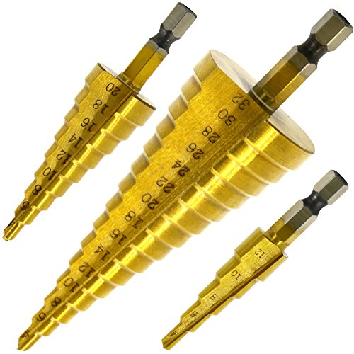 Hiveseen HSS Stufenbohrer Satz Set 3tlg, Hex Shank, 4-12/4-20/4-32, Titanbeschichtet, Exact Pagoda Kegelbohrer Konusbohrer für Edelstahl, Metall, Holz, Kunststoff, usw