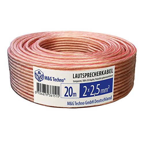 20m Lautsprecherkabel 2x2,5mm², rund, Transparent, CCA, Boxenkabel, mit Metermarkierung, in bewährter M&G Techno-Qualität