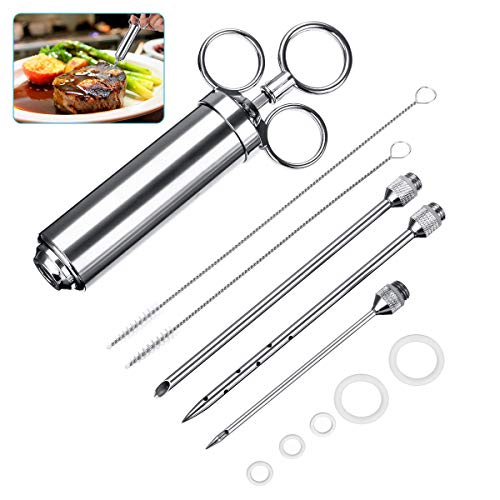 Charminer BBQ Bratenspritze 60ml mit 3 Nadeln,Marinadenspritze aus Edelstahl 304 Gewürzspritze Grill Reinigungsbürste Küchenhelfer für Fleisch Huhn Rind Gebäck mit Marmelade FDA Zertifizierung