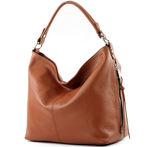 modamoda de - ital Shopper Schultertasche Groß Leder T160, Cognac, siehe Beschreibung