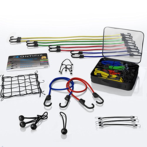 CONTIFIX Premium Gepäckspanner Spannseile in vielen Größen – 25-teiliges universal Expander-Set inkl. Gepäcknetz und Planenspanner – extra starke Spanngummis mit Haken für Fahrrad, Motorrad & Auto