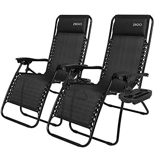 Ziigo 2er Set Liegestuhl Klappbar Camping Stuhl Klappsessel mit Getränke-Tablett | Abnehmbaren Kopfkissen | Atmungsaktiven Liegefläche | Wippfunktion Klappstuhl Garten Super Bequeme Stühle - Schwarz