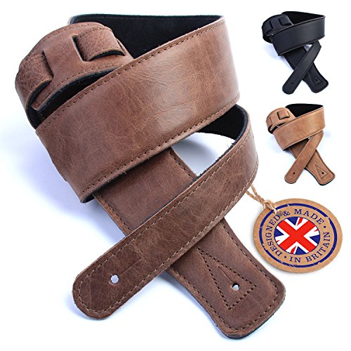 Gitarrengurt aus echtem Leder: 130 cm lang, mit weichem Schaumstoffkissen gepolstert, um Rücken- und Schulterschmerzen zu linder, im Vereinigten Königreich hergestellt, für elektrische, Bass- und akustische Gitarren geeignet (inkl. Semi/Elektro) Brown (1.3m)