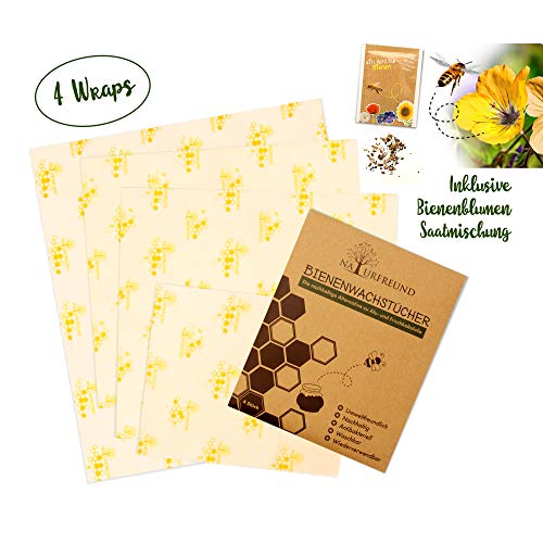 Bienenwachstücher von NATURFREUND - 4er Set - Für Lebensmittel - Inkl. Gratis Saatmischung zur Bienenrettung - Die wiederverwendbare Alternative zu Frischhaltefolie - 100% Natürliches Wachstuch