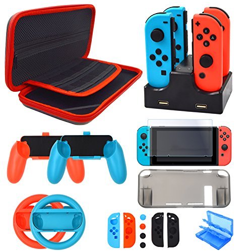 Nintendo Switch Zubehör Set - Tragetasche Hülle Displayschutzfolie für Nintendo Switch konsole - Tasche für Spiele - Lenkrad Griff Silikon Schutzhülle Ladestation für Joy-Con Controller (17 in 1)