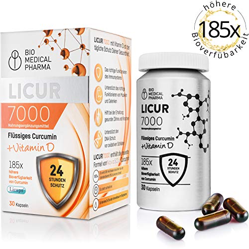 Kurkuma Kapseln mit Vitamin D3 | 185x höhere Bioverfübarkeit NovaSOL Curcumin | hochdosiert 720mg, 1 Kapsel täglich | GVO und Glutenfrei | LICUR 7000D Premium flüssiges Curcuma Kapseln