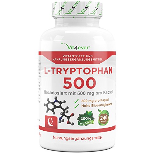 L-Tryptophan 500mg, 240 Kapseln, Aminosäure, Laborgeprüft, Hochdosiert, Vegan, Motivation & Schlaf Support, Vit4ever