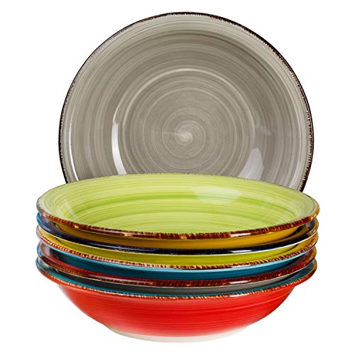 6-TLG. Tellerset Malaga | Bunte Suppenteller tief | 650 ml | Ø 21.5 cm | Salatteller rund | Servier-Schale | Porzellan-Teller | handbemalt | Bicolor