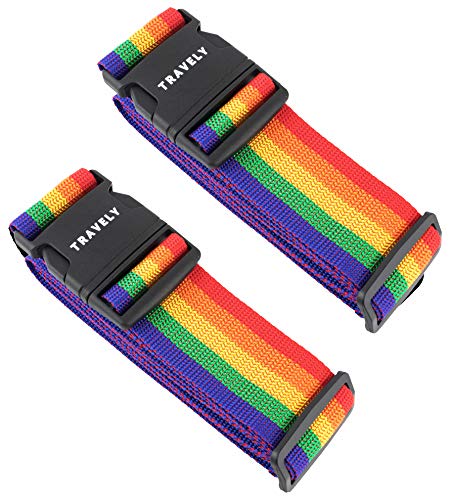 Travely Premium Koffergurt | Besonders Auffällig & Sicher | Inkl. 2 Namensschildern [2er Set Bunt] Kofferband/Gepäckgurt ideal über Kreuz