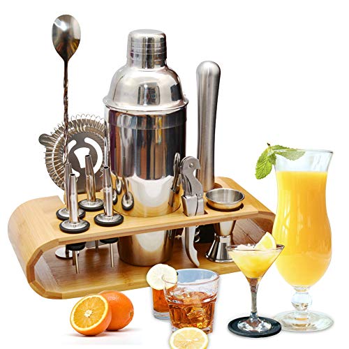 AYAOQIANG Cocktail Shaker Set Edelstahl 12-teiliges Cocktail Bar Set Bar Zubehör Cocktail Set 750 ML Cocktail Shaker mit Holzständer