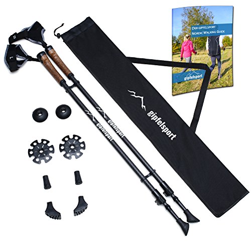 gipfelsport Carbon Nordic Walking Stöcke Paar mit Tasche I Walkingstöcke für Damen und Herren, Verstellbar | Teleskop Stöcke mit Aufsätzen, Gummipuffer I + Gratis eBook