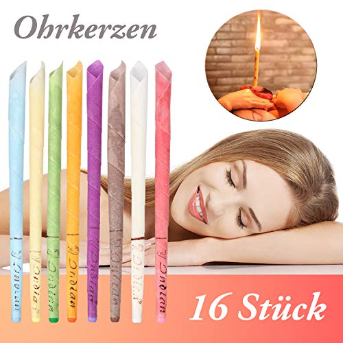 Ohrkerzen, Ohrenkerzen zur Reinigung buntes Duftstoff Organisch Bienenwachs Ohrenkerzen, Ohrenschmalzentferner natürliches Hohlkegel Kerzen mit 5*Schutzscheiben (16 Stück, 8 Farben) MEHRWEG