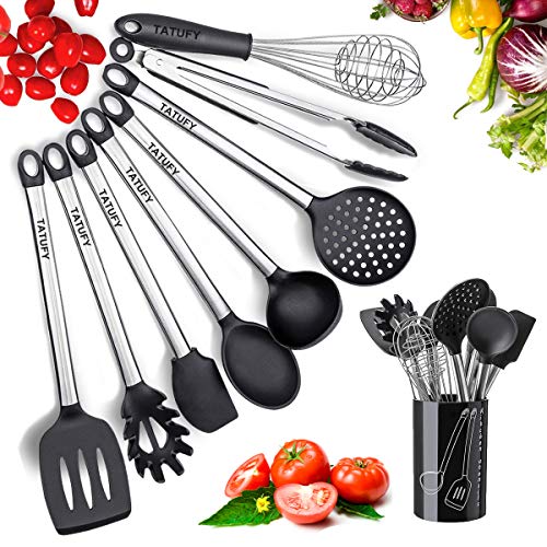 TATUFY 9 Stück Kochbesteck Set Silikon Kitchen Utensils-Schlitz Löffel,Schöpflöffel,Silikon Wender,Spatel,Schneebesen,Spaghettiheber,Zange Silikon