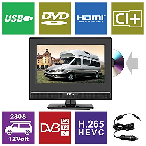 HKC 13M4C 13,3 Zoll (33.68 cm) LED-Fernseher mit DVD-Player (HD-Ready, Triple Tuner DVB-T2/S2/T/S/C, CI+.265/HEVC. 230V / 12V Kfz-Adapter, schwarz) [Energieklasse A +]