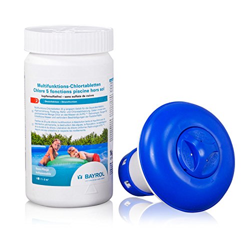 Spar-SET Multifunktions-Chlortabletten 20 g kupfersulfatfrei 1,0 kg Dose von BAYROL + Chlordosierschwimmer | Wasserpflege für Quick-Up-Pools | 5 Funktionen langsam löslich | Dauerdesinfektion - Algenvernichtung - Flockung - Härte- und Chlorstabilisierung