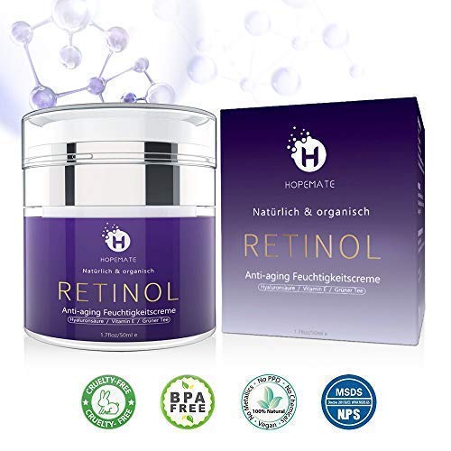 Retinol Feuchtigkeitscreme Creme, Anti-Aging & Anti Falten Creme von HOPEMATE für Gesicht & Augen, für Tag & Nacht, mit 2,5% Retinol + Hyaluronsäure + Vitamin E + Grüner Tee + Jojobaöl, 50ml