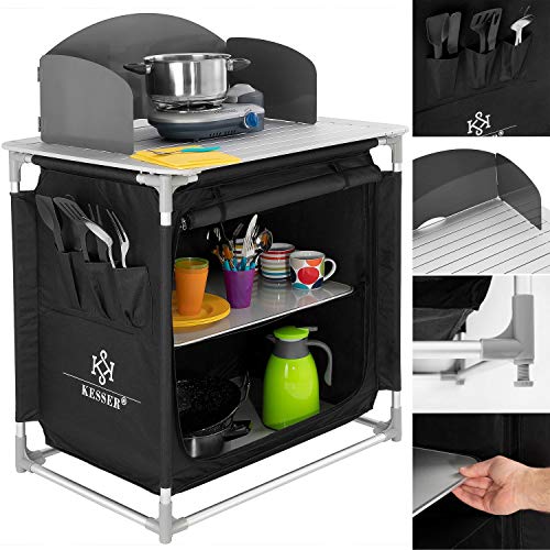 Kesser Campingschrank, Campingküche mit Aluminiumgestell, Spritzschutz und Tragetasche Kocherschrank für Camping, Campingmöbel, Outdoor, schwarz/grau Typ F2