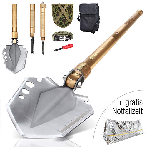 Iceberk Klappspaten mit 12 Funktionen + Notfallzelt + Survival Armband – Extrem Stabiler, multifunktionaler Outdoor Spaten mit verstellbarem Blatt für Arbeiten im Garten oder beim Camping