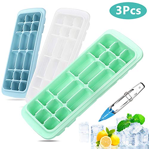 Xddias 3 Stück Eiswuerfelform, Silikon Eiswürfelbox mit Deckel, Eiswuerfel Form mit Eiszangen, Stapelbar, Flexible Ice Cube Tray für Pudding Milch Saft Bier Cocktails Whisky