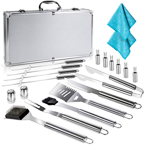 Masthome 18-teiliges BBQ Grillwerkzeug Koffer, Edelstahl Grillbesteck Set mit Aluminium-Aufbewahrungsbox und 2 Reinigungstüchern, Ideal für Camping und Party