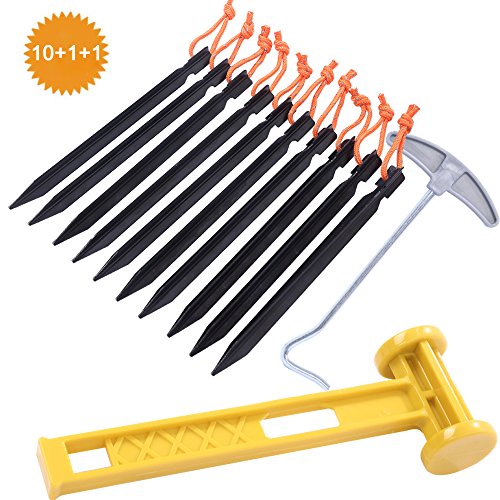 JTENG Heringe Zeltheringe Sandheringe 10 Stücke Zeltnagel mit Abspannseile Aluminium Zeltheringen & Gummihammer Zelt Camping Hammer (Black)