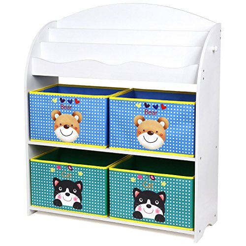 HOMFA Kinder Aufbewahrungsregal Bücherregal Kinderregal Spielzeugaufbewahrungregal Spielzeugkiste Kinderkommode mit 4 faltbarer schubladen, Motiv(Bär und Katze)