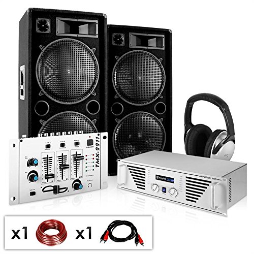 PA Komplett-Set N.Y. Fireblade 2000 Watt Party-Musikanlage mit 1600 Watt Verstärker, 3-Kanal-Mixer, DJ-Kopfhörer & inkl. Boxenkabel (für bis zu 400 Personen, 4x 30cm Subwoofer, Stereo-Cinch-Eingang für MP3-Player)