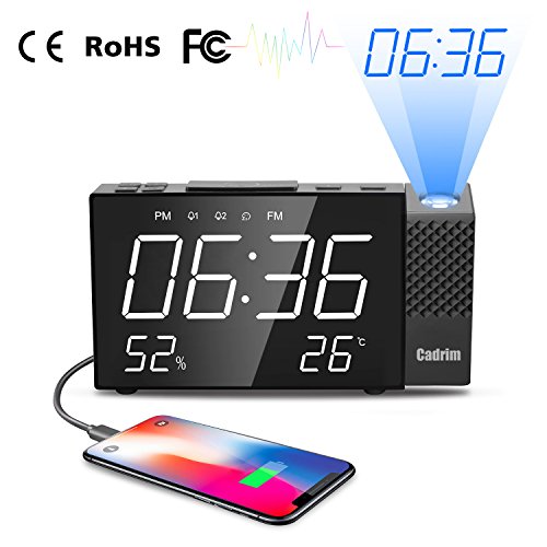 Projektionswecker, Cadrim Digital Projektionswecker mit Temperatur und Zeit-Projektion, LED- Display 6,3' FM Radiowecker mit Projektion/Uhrenradio, digitaler Wecker Datensicherung mit Batterie am Stromausfall, 180° Dreh-Projektor, 180° Flip-Anzeige