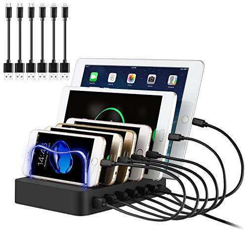 PRITEK USB Ladestation für Mehrere Geräte 6 Port USB Multi Ladestation Handy USB Ladegerät Dockingstation für Mobiltelefon Tablet MP4 und andere USB-fähige Geräte 6 Kurze Kabel Inkl. (Schwarz)