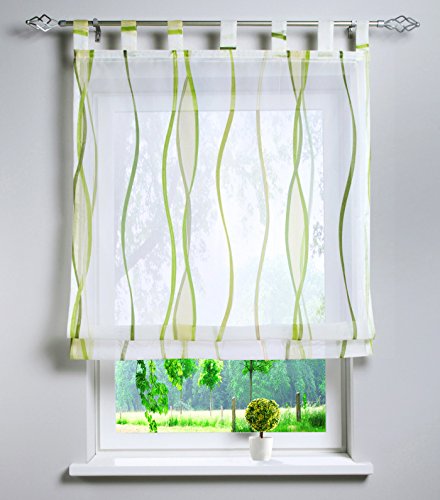 Voile Raffrollo mit Wellen Druck Design Rollos Schlaufen Transparent Vorhang (BxH 120x140cm, grün)