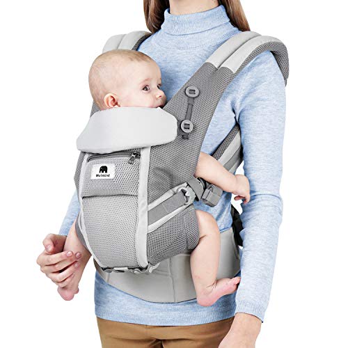 Meinkind Babytrage/Bauchtrage/Rückentrage/Baby Carrier mit Kapuze für Neugeborene bis 48 Monate(3.2-20kg) Kleinkind Kindertrage für 4 Tragepositionen, Grau