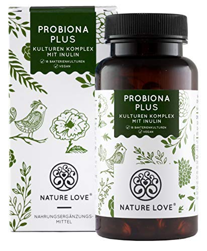 Probiona PLUS Kulturen Komplex. Hochdosiert mit 120 Mrd KBE je Tagesdosis. 18 Stämme (u.a. Lactobacillus, Bifidobacterium). Magensaftresistente Kapseln. Vegan, hochdosiert, hergestellt in Deutschland