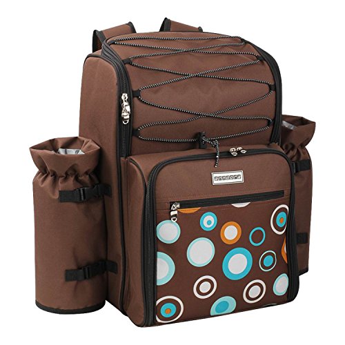 anndora Picknickrucksack braun blaue Kreise Wanderrucksack + 29-teiliges Zubehör