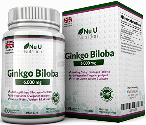 Ginkgo Biloba 6000mg Tabletten - 400 Hochdosierte Gingko Biloba Extrakt Tabletten - Frei Von Allergenen und für Vegetarier und Veganer Geeignet - Hergestellt in Großbritannien durch Nu U Nutrition