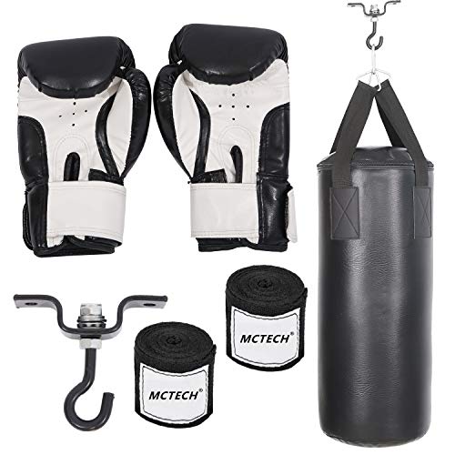 Aufun Boxsack Set Gefüllt 10KG für Erwachsene und Kinder inkl. Boxhandschuhen, Boxbandagen und Tasche Ideal für Boxen und Kickbox Training - Schwarz