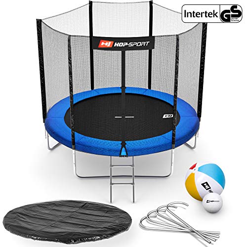 Hop-Sport Gartentrampolin Outdoor Trampolin 244, 305, 366, 430, 490 cm Komplettset inkl. Außennetz Leiter Wetterplane Bodenhaken blau (244 cm)