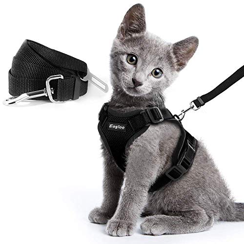 Eagloo Katzengeschirr Set mit Leine, Katzenleine mit Geschirr für Katzen Kitten Auto Katzengarnitur Kleine Katze Cat Harness Soft Ausbruchsicher Kaninchengarnitur Verstellbar Katzenweste Schwarz XS