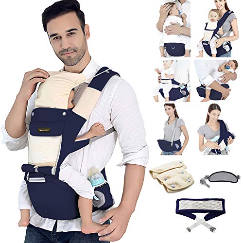 Azeekoom Babytrage Ergonomische, Kindertrage mit Hüftsitz, Befestigungsgürtel, Lätzchen, Schultergurt, Kopfbedeckung für Neugeborene bis Kinder von 0 bis 36 Monaten (Dunkelblau)