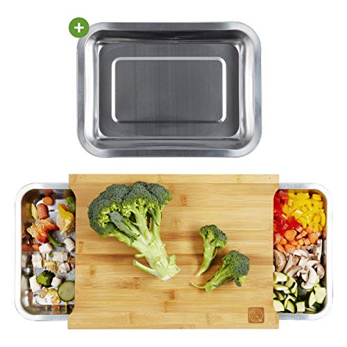 Qitchen Bambus Schneidebrett mit 3 extra großen Auffangschalen aus Edelstahl, Anti-Rutsch Füßen und kostenlosem Holzpflege-Guide | Profi Holzbrett mit Schalen für Geschnittenes und Abfälle