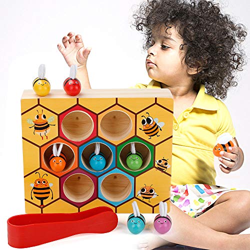 MojiDecor Bienen Holzspielzeug, Holz Bienen Spielzeug Klippkasten Montessori Geburtstag Pädagogisches Lernspielzeug für Kinder Baby