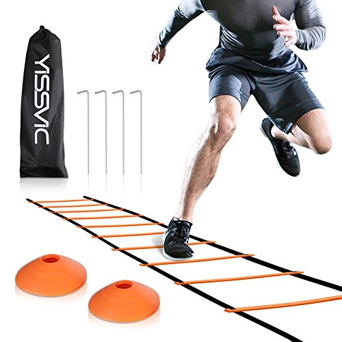 Yissvic Sport Trainingsleiter Dauerhafte Fußball Koordinationsleiter 6m 12 Rungs Inklusive Markierungshütchen, Erdnägel und Tasche Orange