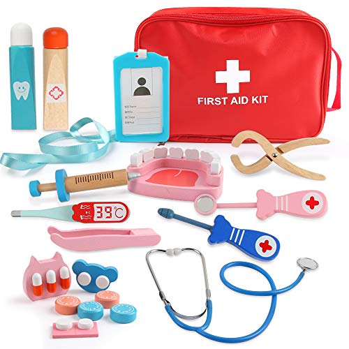 BeebeeRun Arztkoffer Kinder Holz,Arzt Spielzeug, Medizinische Spielzeug Kit ,Doktor Set, Kinder Rollenspiele,Doktor Spielset,Kinderarztkoffer,doktorkoffer Kinder ab 3 4 5 6 Jahre 19-teilig