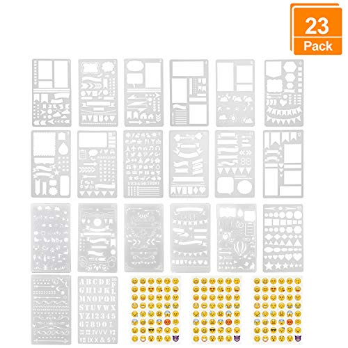 Lynlon Zeichenschablonen, 20 Stück und 144 Aufkleber für Journaling, Filofaxing, Scrapbooking, Kartenbasteln und für Kunst-Projekte, Tagebuch Schablonen