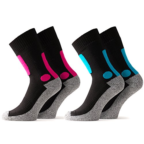 Occulto 2 Paar Damen Trekkingsocken | Wandersocken | Outdoorsocken | Funktionssocken mit Gepolsterter Sohle in Verschiedenen Farben und Größen (Blau-Pink, 39-42)
