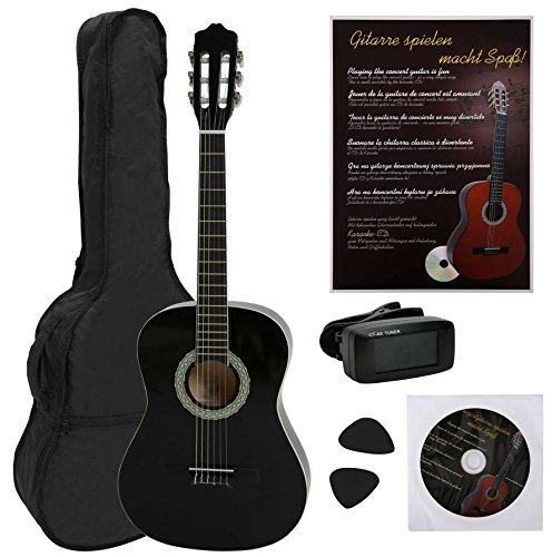 NAVARRA Konzertgitarre 4/4 STARTER SET schwarz mit cremefarbigen Randeinlagen, incl. Tasche leicht gepolstert mit Rucksackriemen, Lehrbuch mit vielen Hits und CD, Cliptuner (Stimmgerät) mit LCD-Nadelanzeige mit Hintergrundbeleuchtung, 2 Plektren