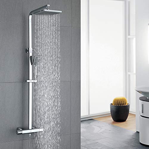 HOMELODY Duschsystem mit Thermostat Duscharmatur eckig Regendusche Duschset Dusche inkl. Handbrause, Regenbrause, chrom