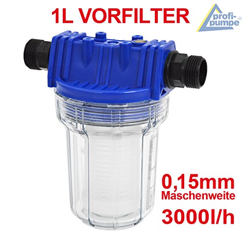 FILTER VORFILTER PUMPENFILTER 1000-1 für HAUSWASSERWERK HAUSWASSERAUTOMAT KREISELPUMPE JETPUMPE BRUNNENPUMPE PUMPE TAUCHPUMPE FEINFILTERUNG bei WASCHMASCHINEN, SCHALTGERÄTEN, KREISELPUMPEN etc. 1L max. 3000L/h Maschenweite: 0,15mm