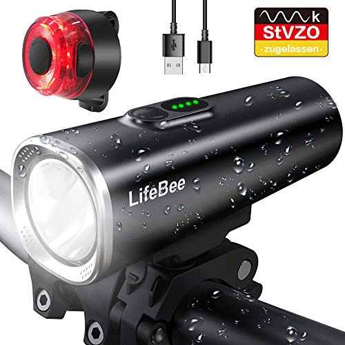 LIFEBEE LED Fahrradlicht Set, StVZO Zugelassen USB Fahrradbeleuchtung Fahrradlampe Frontlicht/Rücklicht, IPX5 Wasserdicht 2600mAh Samsung Li-ion Licht für Fahrrad