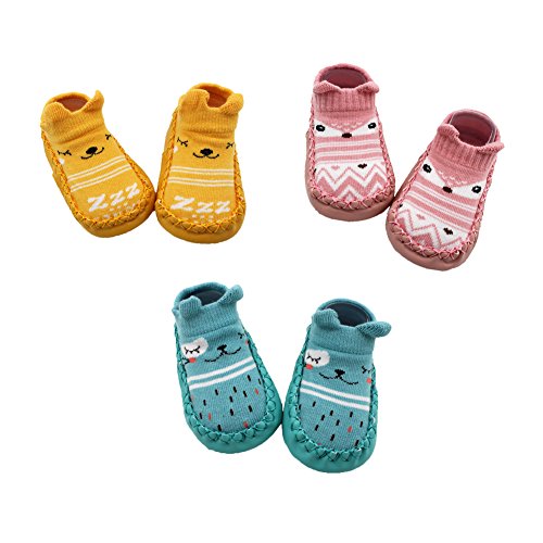 Z-Chen 3 Paar Lauflernschuhe Krabbelschuhe ABS Socken Babyschuhe Antirutsch, Gelb + Rosa + Blau, 6-12 Monate