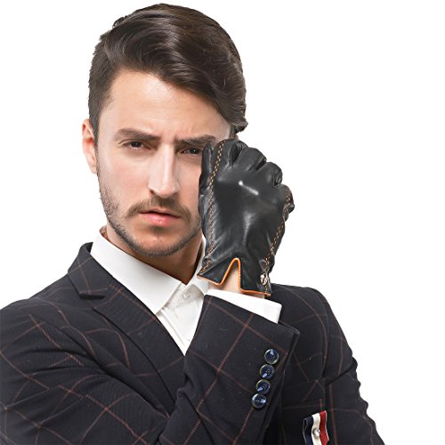 Nappaglo Herren italienisches Lammfell Nappaleder Handschuhe Touchscreen Warm Handschuhe (L (Umfang der Handfläche:19.2cm), Schwarz(Touchscreen))